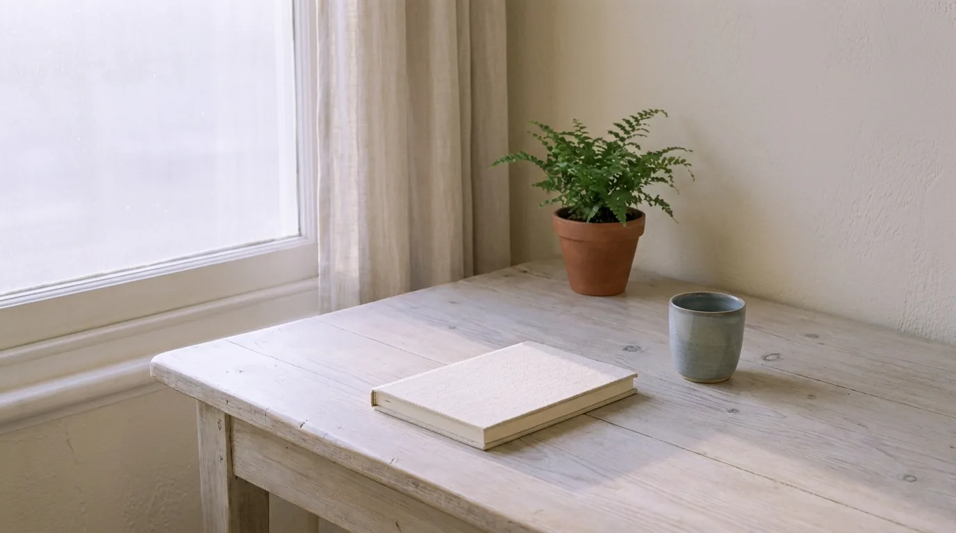 A calm practitioner’s desk by a window at first light — a closed notebook, a fern, a warm cup.