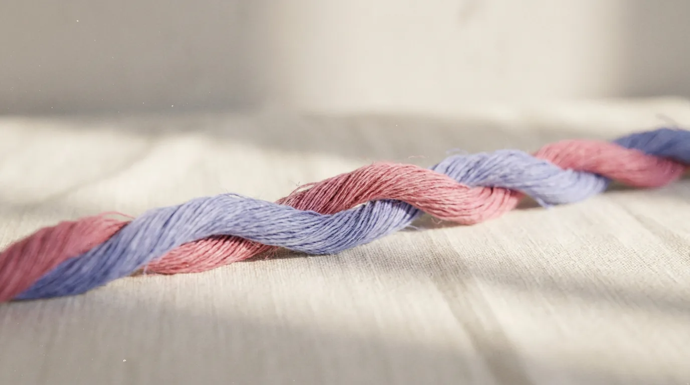 A periwinkle thread and a rose thread twisted into one strong cord.